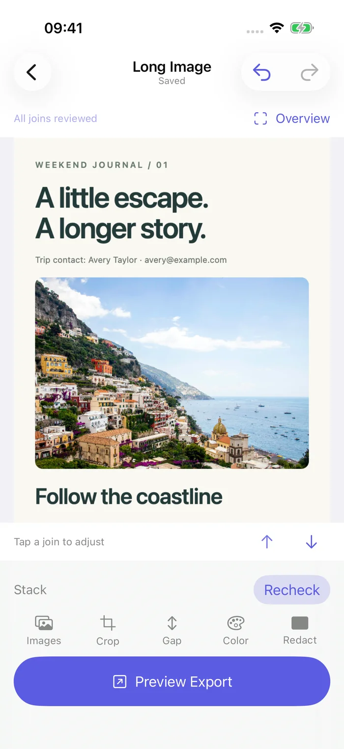 DuoCanvas Long Image editor showing a stitched travel journal with crop, spacing, color, and redaction tools